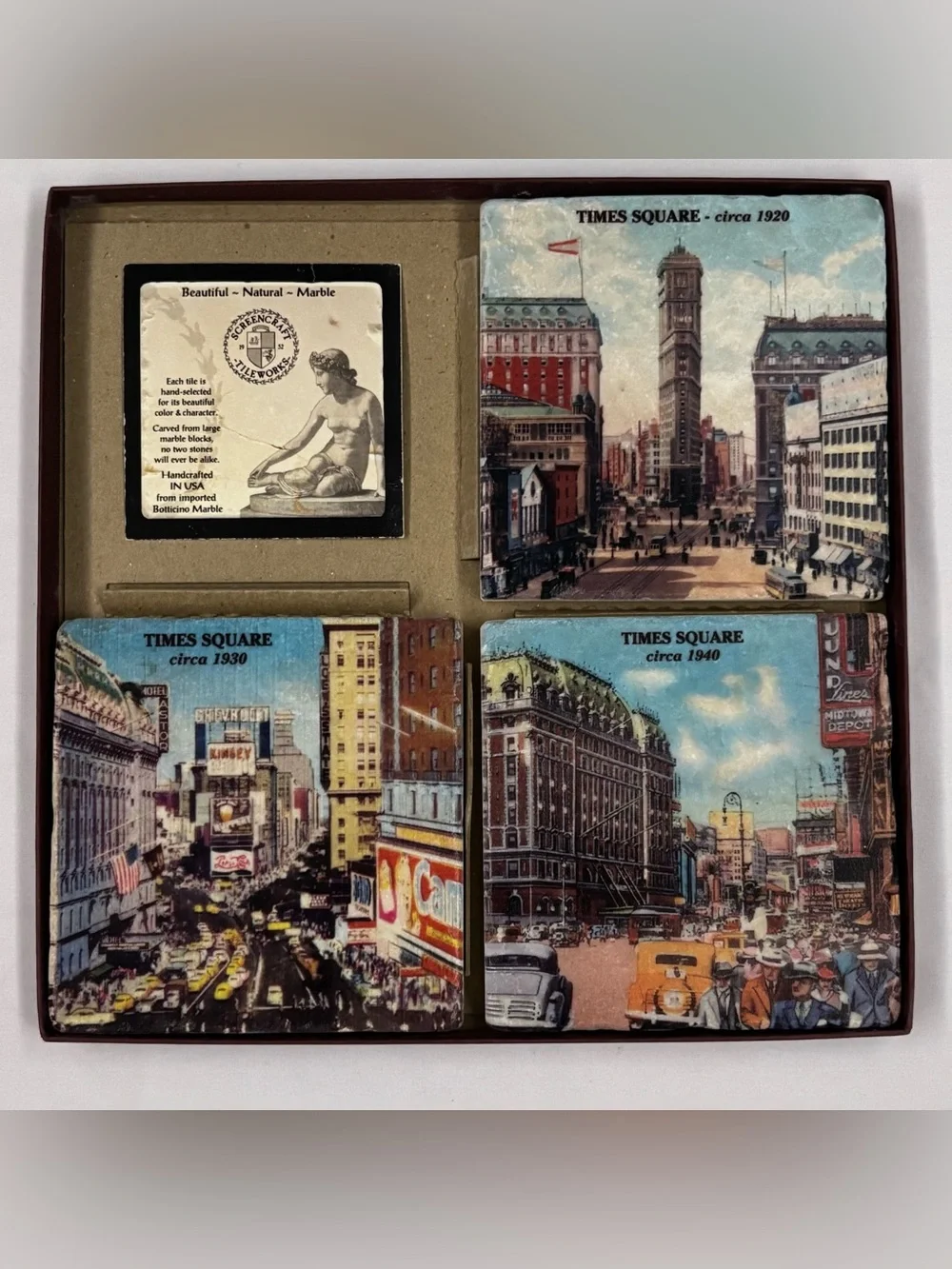Vintage New York City Times Square Marble Coasters Set Screencraft Tileworks